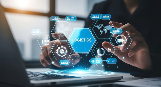Person interacting with holographic interface displaying logistics network and global map supply chain