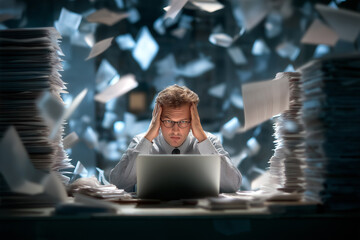 A stressed, overwhelmed businessman sits at a desk between towering piles of documents as paper flies around him. Symbolizes burnout, heavy workload, and administrative chaos.

