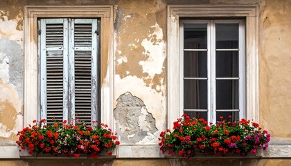 Aged building with colorful flowers