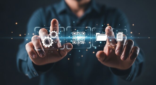 Person touching virtual screen with QR code, gears, folder, and document icons QR code scanning