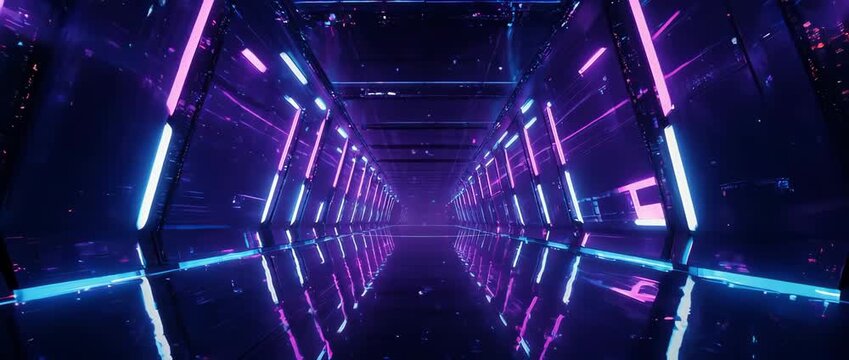 Vibrant blue and purple lights, a reflective surface, and glitch effects at the final moment create a high-energy, sci-fi atmosphere for New Year's Eve parties and tech-themed events.