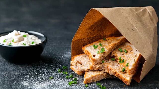 Crispy toasted bread served in a paper bag with creamy dip on the side for a tasty snack