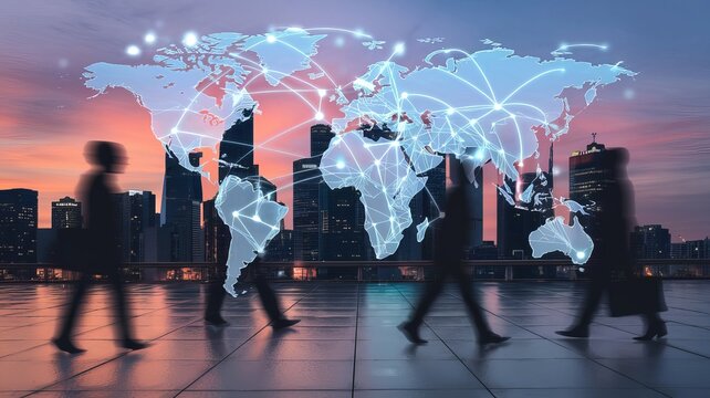 Silhouettes of diverse professionals walking against a skyline, with a global network overlay illustrating connectivity.