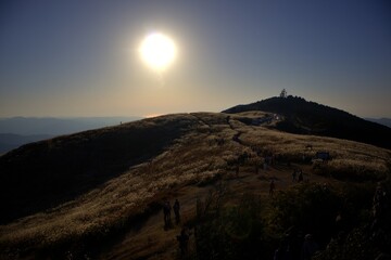 夕焼け前の生石高原と輝く太陽