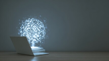 AI powered data analytics hologram above laptop, futuristic digital technology and business intelligence concept.