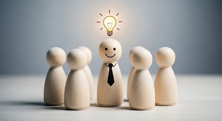Wooden figures with one figure illuminated with a bright idea lightbulb concept innovation