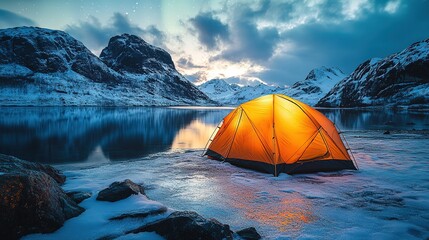 Glowing yellow camping tent under green northern lights aurora by snowy mountain lake - Travel adventure landscape background (photo composite)