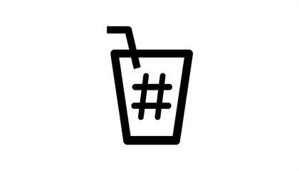 Simple black outline graphic of a cup with a straw and a hashtag pattern