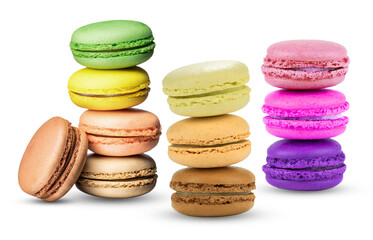 rows of various colorful french macarons on a transparent background