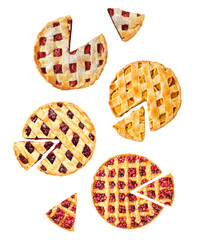 assorted homemade fruit pies with missing slices on a dark background