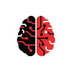 AI Brain Digital Circuit Illustration, Red and Black Technology Concept