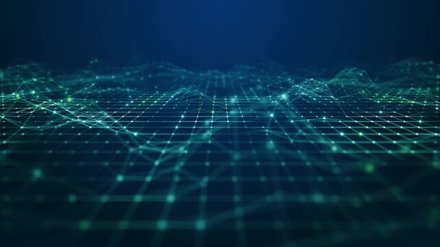 Futuristic abstract digital grid with glowing dots and wave lines representing big data, network connections, and artificial intelligence systems.