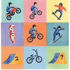 Fototapeta premium Colorful pop art collage featuring BMX riders performing tricks in vibrant square panels with playful urban energy.