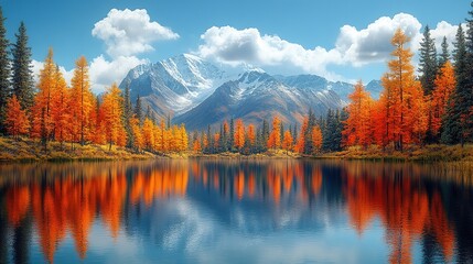 Autumn Lake Landscape: Colorful Forests Reflected in Calm Water with Distant Mountains, Ideal for Landscape Decoration, Seasonal Design, Nature Scene Material