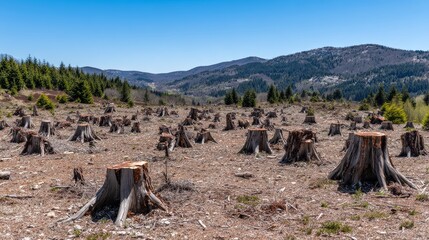 Deforested area with tree stumps showing stark environmental contrast, nature protection and ecological awareness concept.