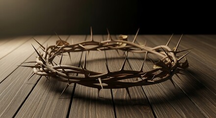 Crown of Thorns on Rustic Wooden Table Symbolizing Sacrifice and Suffering.