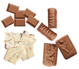 assorted milk and white chocolate pieces with candy bars on transparent background
