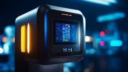 Obraz premium DNA sequencing machine in modern laboratory with glowing digital interface, biotechnology research and scientific innovation concept.