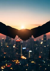 Silhouette handshake against cityscape sunset symbolizing collaboration and partnership success in urban environment
