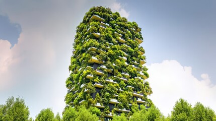 Eco skyscraper with vertical forest facade, futuristic sustainable architecture and green urban design concept.