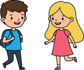 Happy children cartoon illustration, smiling boy with backpack and cheerful girl in pink dress, kids friendship, childhood, school, education, playtime