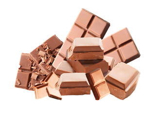 rich assortment of milk and dark chocolate bars and scattered pieces, including delicate shavings
