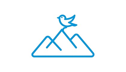 Simple blue line art of a bird perched on mountains