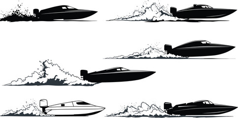Luxury speedboat silhouettes, fast powerboats, marine sport illustration, water splashes in motion, modern boat design, nautical vector art, Adobe Stock.