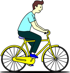 A simple illustration of a  man  riding a bicycle, on a white background.