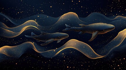 Dark Blue Background with Golden Line Art Whales Abstract Vector for Wallpaper, Decor, Print, Pattern