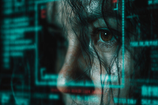 Intense human eye looking at digital interface with code data