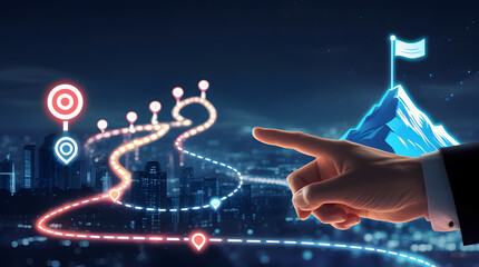 Navigating the Path to Greatness: A hand in a business suit points toward a mountain peak, indicating a clear vision for success on a digitally rendered, illuminated path.