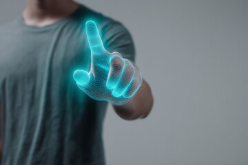 Man hand with glowing finger touching invisible digital screen