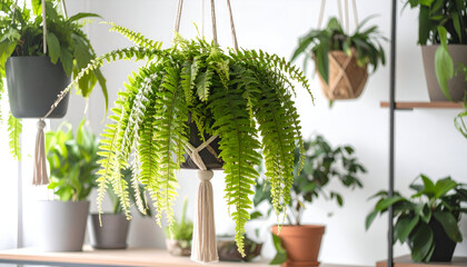 Green Boston Fern Hanging Plant in Black Pot with Macrame Cord and Tassels in a Bright Indoor Setting with Various Potted Plants on Shelves