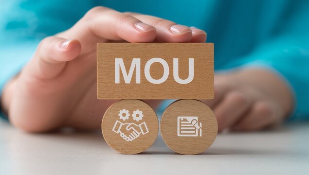 Man holding wooden blocks with abbreviation: MOU. Business concept of Memorandum Of Understanding (MOU)