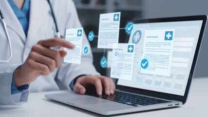 Doctor using futuristic holographic medical documents and charts on a laptop for advanced healthcare data analysis - Powered by Adobe
