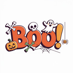 Fototapeta premium Playful halloween boo lettering with a smiling ghost skull crossed bones pumpkin candy spider and cobweb on white creating a colorful spooky design for parties invitations shirts and seasonal decor