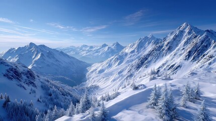 Snowy Mountain Range Under a Clear Blue Sky Winter Landscape with Pine Trees Covered in Snow Cold Environment in Daylight Scenic Vista View