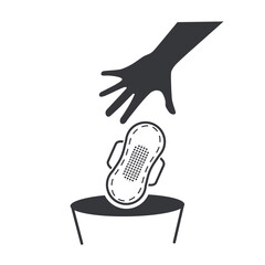 Isolated pictogram of hand disposing sanitary pad into women’s trash bin, hygiene instruction icon for restroom, menstrual waste management.