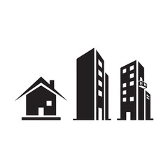 Fototapeta premium Set of three black building icons representing residential and commercial properties, including a house and skyscrapers.
