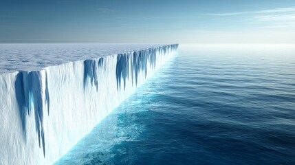 Melting glacier with water flowing into ocean, climate change crisis and environmental conservation concept.