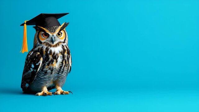 Smart owl wearing graduation cap on bright blue background showcases academic achievement in a whimsical setting