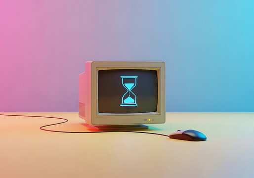 Retro Computer with Hourglass Loading Icon