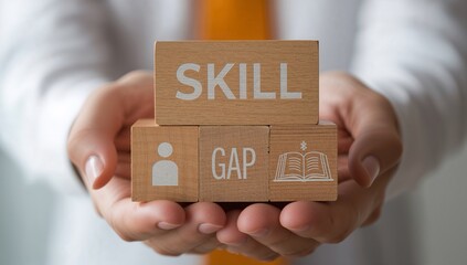 Man working on virtual touch screen presses inscription: SKILLS GAP. Concept of Employee Skills Gap Analysis