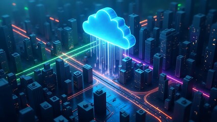 Futuristic cityscape featuring a glowing cloud symbolizing digital connectivity and data flow.