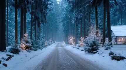 Snowy Road Through Pine Forest with Glowing Christmas Trees in Winter Scenery at Dusk