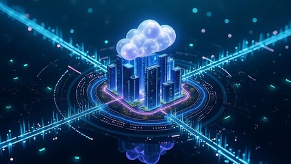 A futuristic cityscape illuminated in blue, featuring skyscrapers and a digital cloud overhead in a vibrant, high-tech environment.