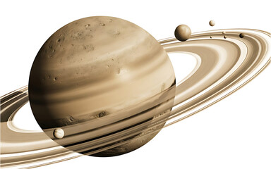 A digital rendering of saturn with its rings and several moons against a white background