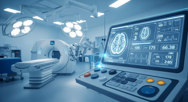 A modern operating room with advanced medical equipment and a detailed brain scan display.