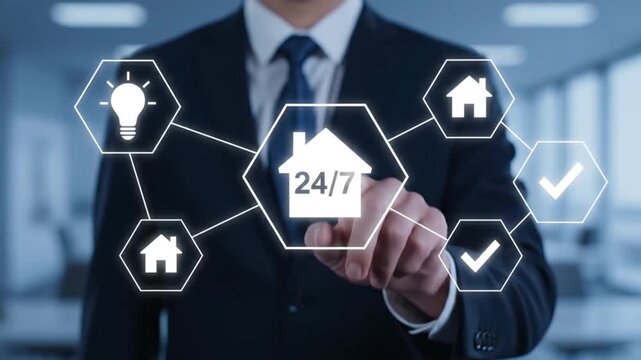 Businessman interacting with a digital interface displaying smart home icons and 24 7 service symbol on a futuristic screen